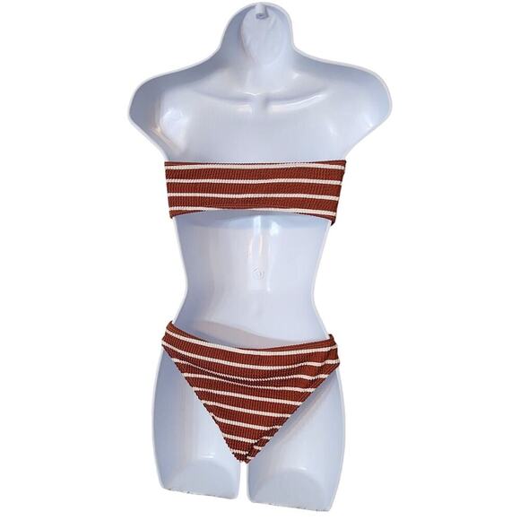 Size S Women's 2 Piece Strapless Swimsuit Striped Bandeau High Waisted Thong - Picture 5 of 9
